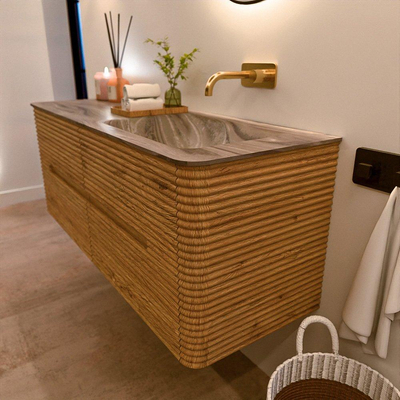 Mondiaz CIRO-DLUX Ensemble de meubles de salle de bains - 130x45x50cm - Plan vasque solid surface Sombra - 1 vasque à droite - sans trous pour robinet - 4 tiroirs - Chêne