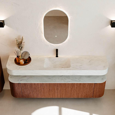 MONDIAZ THOR-DLUX Meuble de salle de bains - 190cm - arrondi gauche + droite - couleur Ruby - 2 tiroirs et 2 portes - Vasque suspendue CLOUD Milieu 1 trou de robinet - couleur Opalo