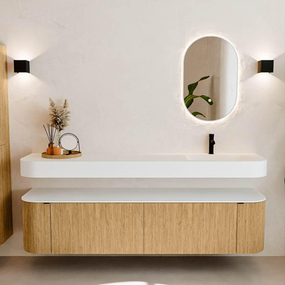 MONDIAZ THOR 190cm meuble de salle de bains arrondi gauche + droite couleur Oak avec 2 tiroirs et 2 portes. Vasque suspendue CLOUD Droite 1 trou de robinet couleur Talc.