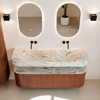 MONDIAZ THOR-DLUX 150cm meuble de salle de bains arrondi gauche + droite couleur Ruby avec 1 tiroir et 2 portes. Vasque suspendue CLOUD Double sans trou de robinet couleur Glace.