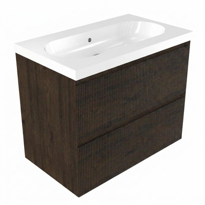 Saniclass Holz Atelier Ensemble de meubles de salle de bains - 80x45x63.5cm - lavabo en céramique Palermo blanc - 1 vasque - sans trou de robinetterie - 2 tiroirs - chêne charcoal mat (bois)