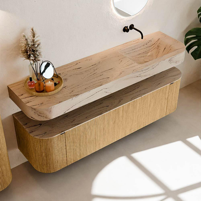 MONDIAZ THOR-DLUX 170cm badmeubel ronding links + rechts kleur Oak met 1 lade en 2 deuren. Vrijhangende wastafel CLOUD Rechts zonder kraangat kleur Arena.