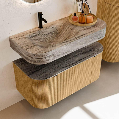 MONDIAZ THOR-DLUX 100cm badmeubel ronding links + rechts kleur Oak met 1 lade en 2 deuren. Vrijhangende wastafel CLOUD Links 1 kraangat kleur Oza.