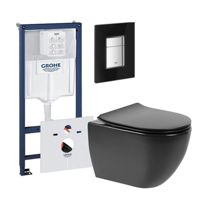 QeramiQ Fortune toiletset met Grohe inbouwreservoir, zwart glazen bedieningsplaat en toilet met zitting mat zwart
