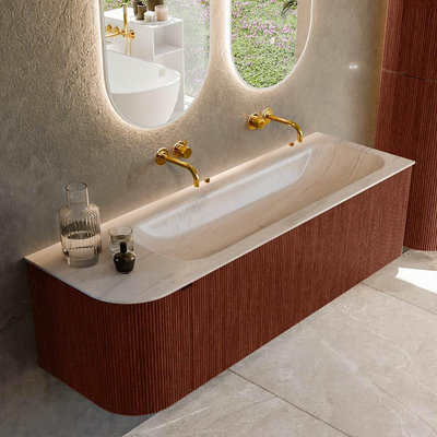 MONDIAZ KURVE-DLUX meuble de salle de bains 145cm arrondi à gauche couleur Ruby avec 1 tiroir et 1 porte. Lavabo BIG LARGE à droite sans trou de robinet Meli.