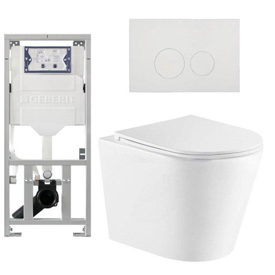 QeramiQ Dely Toiletset - 36.3x51.7cm - diepspoel - rimless - Geberit UP320 inbouwreservoir - met Burda frame - softclose toiletzitting - mat witte bedieningsplaat - ronde knoppen - mat wit