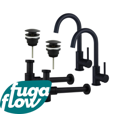FugaFlow Eccelente Sobrado Badkamer Wastafelkraanset - voor dubbele wastafel - hoge wastafelkraan - draaibare uitloop - klikwaste plug - verlaagde design sifon - Mat zwart
