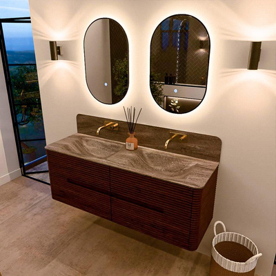 Mondiaz CIRO-DLUX Meuble de salle de bains - 140x45x50cm - Vasque solid surface Oza - 2 vasques Double - sans trous de robinet - 4 tiroirs - Ruby