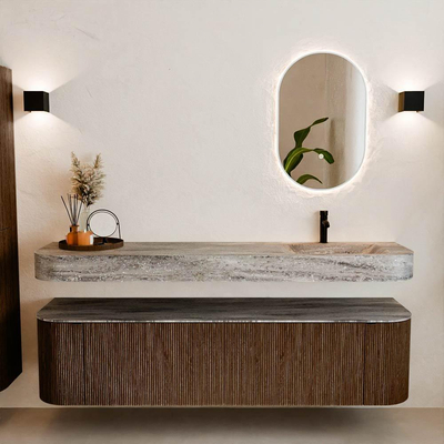 MONDIAZ THOR-DLUX Meuble de salle de bains 180cm arrondi gauche + droite couleur Walnut avec 2 tiroirs et 2 portes. Vasque suspendue CLOUD Droite 1 trou de robinet couleur Oza.