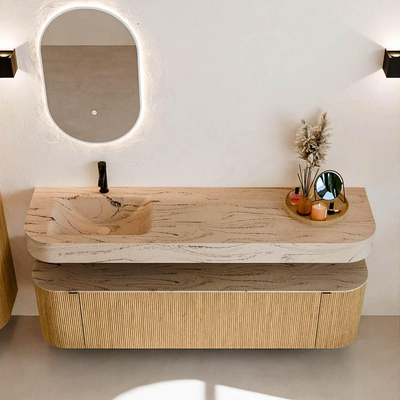 MONDIAZ THOR-DLUX 170cm badmeubel ronding links + rechts kleur Oak met 1 lade en 2 deuren. Vrijhangende wastafel CLOUD Links 1 kraangat kleur Arena.