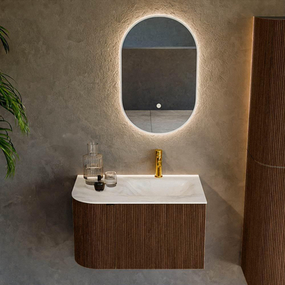 MONDIAZ KURVE-DLUX 75cm badmeubel met module 25 L kleur Walnut met 1 lade en 1 deur. Wastafel GRUNNE rechts 1 kraangat kleur Ostra.