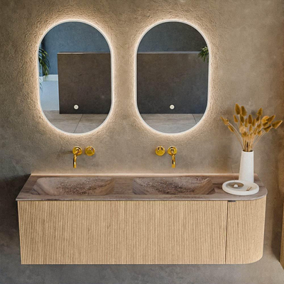 MONDIAZ KURVE-DLUX 145cm badmeubel ronding Rechts kleur Oak met 1 lade en 1 deur. Wastafel LEAF Dubbel / Links zonder kraangat Oza.