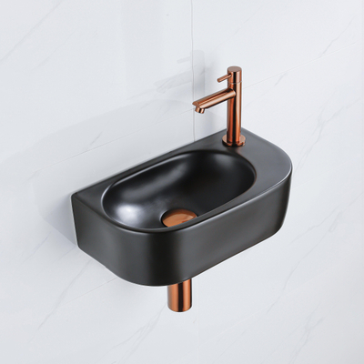 QeramiQ Fuente Ensemble lavabo WC - 40x21.5x12cm - droit - lisse - semi-circulaire - 1 trou de robinet - céramique - robinet de lave-mains cuivre brossé - bonde - siphon abaissé - noir mat