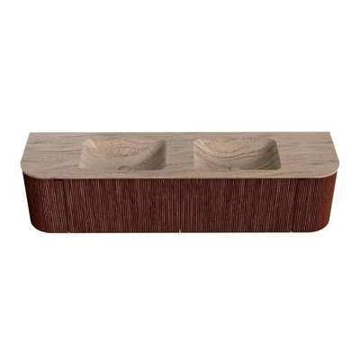 MONDIAZ KURVE-DLUX Meuble de salle de bains 180cm arrondi Gauche + Droite couleur Ruby avec 2 tiroirs et 2 portes. Lavabo LEAF Double 2 trous de robinet Saba.