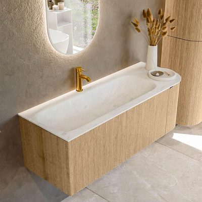 MONDIAZ KURVE-DLUX meuble de salle de bains 125cm avec module 25 R couleur chêne avec 1 tiroir et 1 porte. Lavabo BIG MEDIUM gauche 1 trou de robinet couleur Opalo.