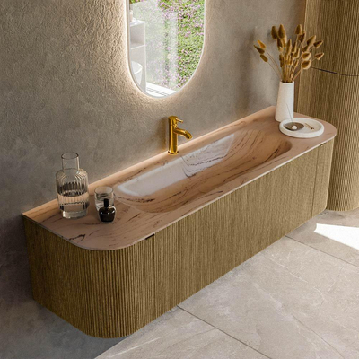 MONDIAZ KURVE-DLUX Meuble de salle de bains 160cm arrondi Gauche + Droite couleur Dusk avec 1 tiroir et 2 portes. Lavabo BIG MEDIUM Central 1 trou de robinet Arena.
