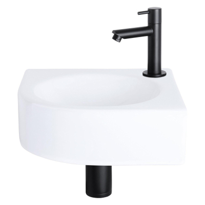 Differnz Cleo fonteinset - 30x30x10cm - Kwartrond - 1 kraangat - Recht matte zwarte kraan - Keramiek Wit OUTLETSTORE