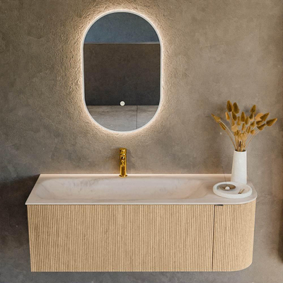 MONDIAZ KURVE-DLUX Meuble de salle de bains 125cm arrondi à droite couleur Chêne avec 1 tiroir et 1 porte. Lavabo BIG MEDIUM à gauche 1 trou de robinet Meli.