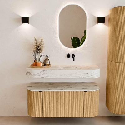 MONDIAZ THOR-DLUX 110cm badmeubel ronding links + rechts kleur Oak met 1 lade en 2 deuren. Vrijhangende wastafel CLOUD Rechts zonder kraangat kleur Nata.