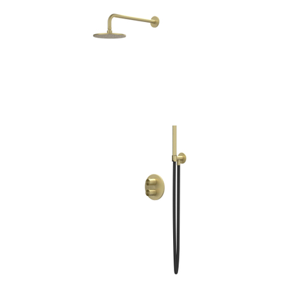IVY Concord Regendoucheset - inbouw - 2-weg stop-omstel - 40cm wandarm - 25cm medium hoofddouche rond - glijstang met uitlaat - 150cm doucheslang - staafmodel handdouche - RVS316 - geborsteld mat goud PVD
