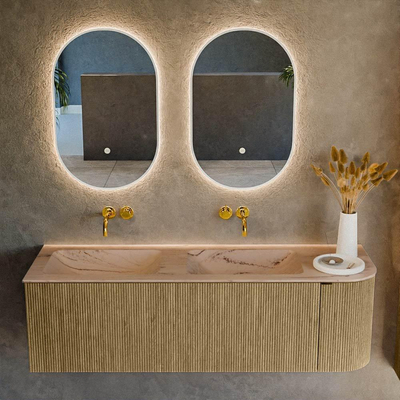 MONDIAZ KURVE-DLUX meuble de salle de bains 145cm arrondi à droite couleur Dusk avec 1 tiroir et 1 porte. Lavabo LEAF double / à gauche sans trou de robinet Arena.