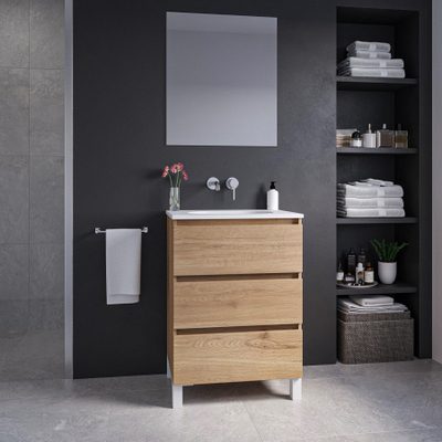 Adema Chaci PLUS Ensemble de meuble - 59.5x86x45.9cm - 1 vasque ovale en céramique Blanc - 1 trou de robinet - 3 tiroirs - miroir rectangulaire - Cannelle