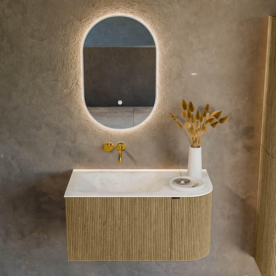 Mondiaz KURVE-DLUX Ensemble de meuble salle de bain - 85x46x40cm - 1 tiroir - 1 porte - lavabo en solid surface - gauche - sans trou de robinet - Dusk