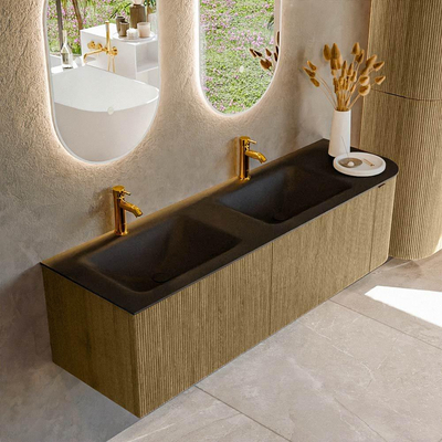 Mondiaz KURVE Ensemble de meuble de salle de bains - 155x46x40cm - 2 tiroirs - 1 porte - vasque solid surface - double / gauche - 2 trous de robinet - Dusk
