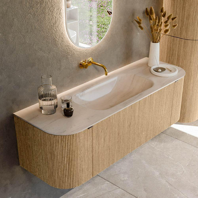 MONDIAZ KURVE-DLUX Meuble de salle de bains 140cm arrondi Gauche + Droite couleur Chêne avec 1 tiroir et 2 portes. Lavabo BIG SMALL Central sans trou de robinet Meli.