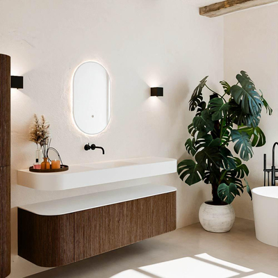 MONDIAZ THOR Meuble de salle de bains 160cm arrondi gauche + droite couleur Walnut avec 1 tiroir et 2 portes. Vasque suspendue CLOUD Milieu sans trou de robinet couleur Talc.