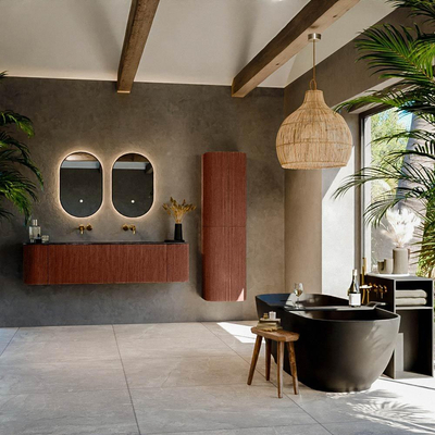 Ensemble de meuble de salle de bain Mondiaz KURVE-DLUX - 170x46x40cm - 1 tiroir - 2 portes - lavabo en solid surface - milieu - sans trou de robinet - Ruby