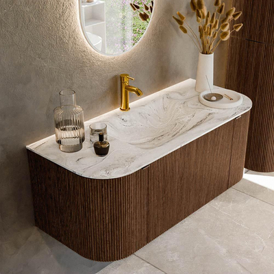 MONDIAZ KURVE-DLUX 110cm badmeubel met module 25 Len R kleur Walnut met 1 lade en 2 deuren. Wastafel CLOUD midden 1 kraangat kleur Glace.