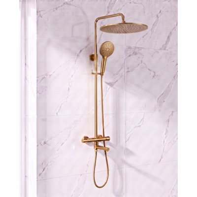 Fortifura Calvi Regendoucheset - thermostatisch - 30cm hoofddouche - gladde slang - ronde handdouche - draaibare baduitloop - Geborsteld Messing PVD (Goud)
