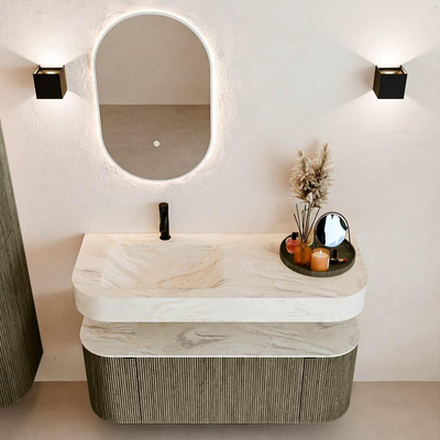 MONDIAZ THOR-DLUX 120cm meuble de salle de bains arrondi gauche + droite couleur Shadow avec 1 tiroir et 2 portes. Vasque suspendue CLOUD Gauche 1 trou de robinet couleur Ostra.