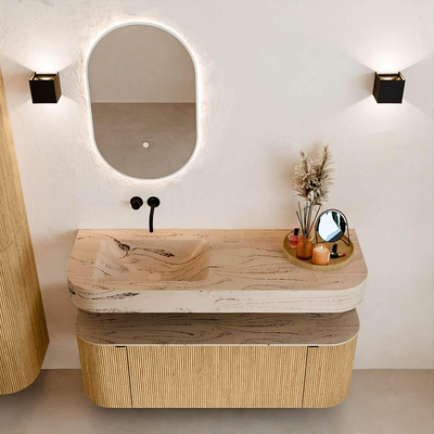 MONDIAZ THOR-DLUX 130cm badmeubel ronding links + rechts kleur Oak met 1 lade en 2 deuren. Vrijhangende wastafel CLOUD Links zonder kraangat kleur Arena.