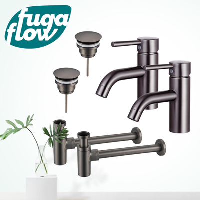 FugaFlow Eccelente Sobrado Kit robinet lavabo - pour double vasque - robinet bas - bonde non-obturable - siphon design - Gunmetal PVD