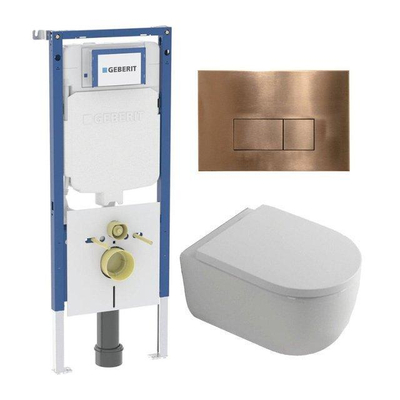 QeramiQ Dely Swirl Pack WC - 36,3x51,7cm - réservoir encastré Geberit UP720 Duofix Sigma - assise 35mm - plaque de commande en cuivre - boutons rectangulaires - blanc brillant