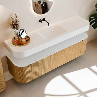 MONDIAZ THOR Meuble de salle de bains - 170cm - arrondi gauche + droite - couleur Oak - 1 tiroir - 2 portes - Vasque suspendue CLOUD Milieu sans trou de robinet - couleur Talc