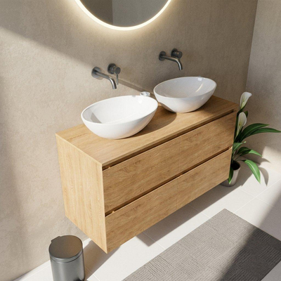 Saniclass Holz Pure Ensemble meuble de salle de bains - 120x45x62cm - plan de travail en bois - sans trou de robinet - 4 tiroirs - chêne natural mat (bois)