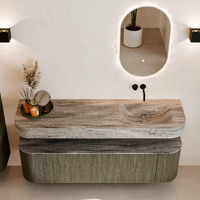 MONDIAZ THOR-DLUX 160cm meuble de salle de bains arrondi gauche + droite couleur Shadow avec 1 tiroir et 2 portes. Vasque suspendue CLOUD Droite sans trou de robinet couleur Oza.