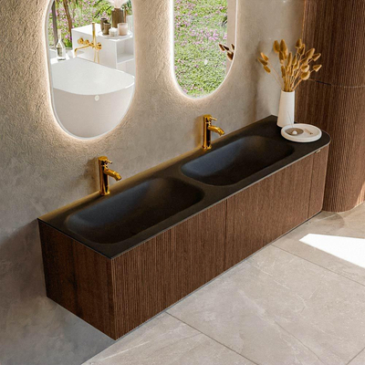 MONDIAZ KURVE Meuble de salle de bains 165cm avec module 25 R couleur Walnut avec 2 tiroirs et 1 porte. Lavabo BIG SMALL double / gauche 2 trous de robinet Urban.