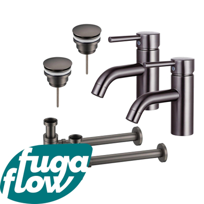 FugaFlow Eccelente Sobrado Badkamer Wastafelkraanset - voor dubbele wastafel - lage wastafelkraan - klikwaste plug - verlaagde design sifon - PVD Gepolijst Gunmetal