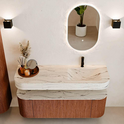 MONDIAZ THOR-DLUX 140cm meuble de salle de bains arrondi gauche + droite couleur Ruby avec 1 tiroir et 2 portes. Vasque suspendue CLOUD Droite 1 trou de robinet couleur Nata.