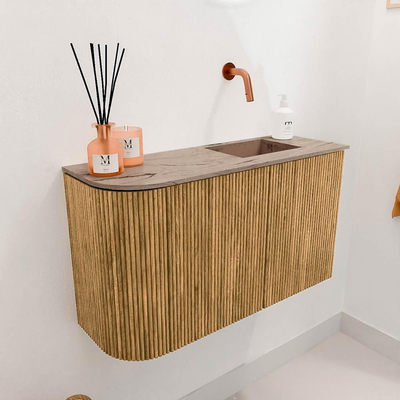 Mondiaz JOYA-DLUX 71.6cm toiletmeubel - ronding links kleur Oak - Wastafel FAYE positie Rechts Zonder kraangat kleur Arena.