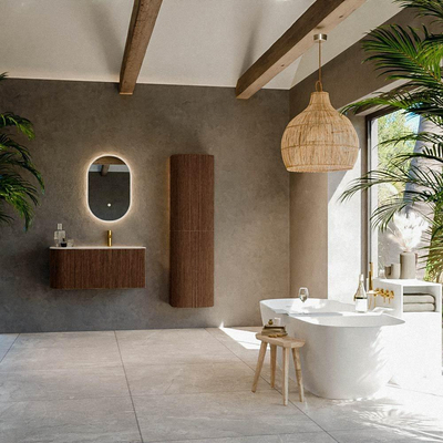 MONDIAZ KURVE-DLUX Meuble de salle de bains 95cm arrondi à gauche couleur Walnut avec 1 tiroir et 1 porte. Lavabo BIG SMALL à droite 1 trou de robinet Meli.