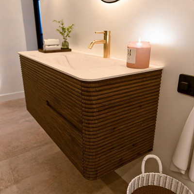 Mondiaz CIRO-DLUX Badkamermeubelset - 110x45x50cm - Solid surface wastafel Meli - 1 wasbak Rechts - 1 kraangat - 2 lades - Dusk