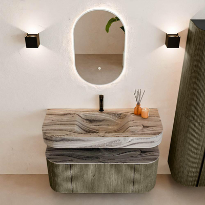 MONDIAZ THOR-DLUX 110cm badmeubel ronding links + rechts kleur Shadow met 1 lade en 2 deuren. Vrijhangende wastafel CLOUD Midden 1 kraangat kleur Sombra.