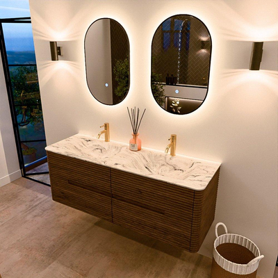 Mondiaz CIRO-DLUX Badkamermeubelset - 140x45x50cm - Solid surface wastafel Glace - 2 wasbak Dubbel - 2 kraangaten - 4 lades - Dusk