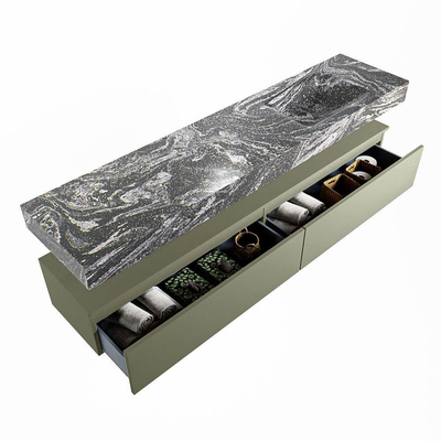 Mondiaz ALAN-DLUX Ensemble de meuble - 200cm - meuble Army mat - 2 tiroirs - Lavabo Cloud Lava suspendu - vasque Droite - 0 trous de robinet
