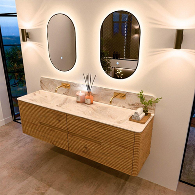 Mondiaz CIRO-DLUX Badkamermeubelset - 170x45x50cm - Solid surface wastafel Frappe - 2 wasbak Dubbel - zonder kraangaten - 4 lades - Oak